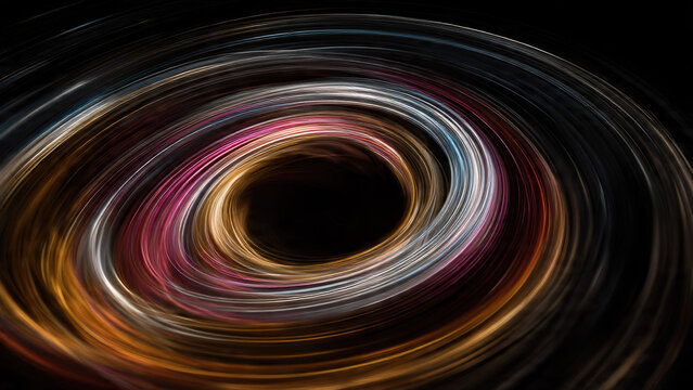 A vibrant, colorful light trail vortex with glowing lines spiraling into a dark center. Abstract motion blur creates a dynamic, energetic pattern.
