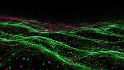 Abstract digital landscape of flowing green lines forming undulating waves, dotted with vibrant pink particles creating a futuristic network.