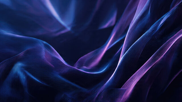 Abstract digital waves of glowing blue and purple lines create a futuristic, flowing mesh pattern, evoking data or sound visualization.