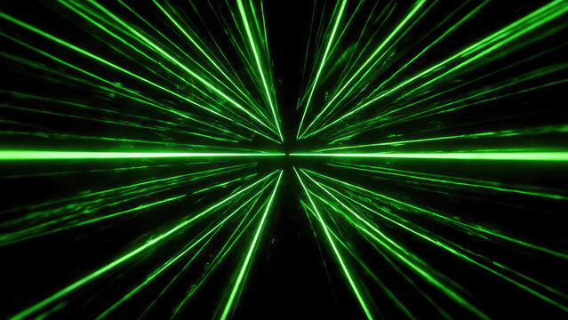 A dynamic abstract image showcasing vibrant green laser beams illuminating a dark space, creating an immersive tunnel of light and futuristic energy pathways. - Powered by Adobe