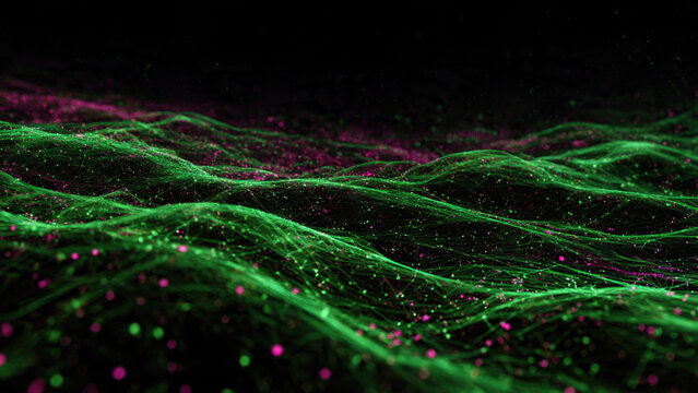 Abstract digital landscape of flowing green lines forming undulating waves, dotted with vibrant pink particles creating a futuristic network.