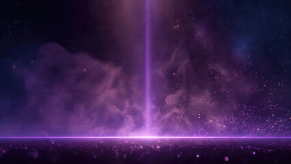 A mesmerizing purple light beam pierces dark cosmic clouds, illuminating a sparkling ethereal surface filled with glowing particles, creating a mystical abstract scene.
