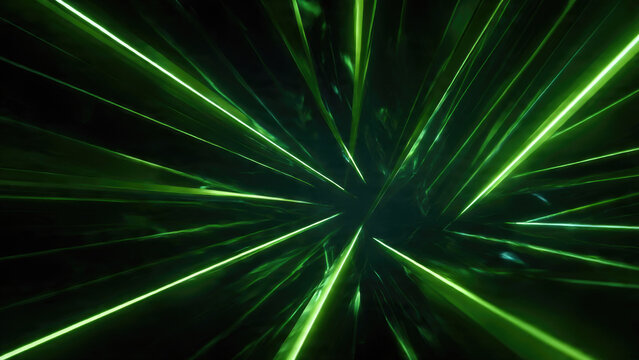 A mesmerizing abstract background featuring a dark void with vibrant green light trails streaking dynamically towards the viewer, creating a futuristic, high-speed tunnel effect.