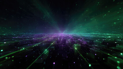 A dynamic digital landscape glows with interconnected green and purple lines spanning abstract blocks, evoking a futuristic data network and technological hub.