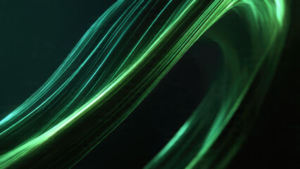 Dynamic abstract light trails illuminate a dark space, creating a futuristic wave of vibrant green energy and smooth motion.