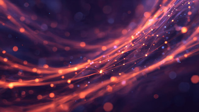 Dynamic abstract background with glowing orange and red lines, interconnected dots, and bokeh effects, illustrating digital connectivity and data flow in a futuristic style.