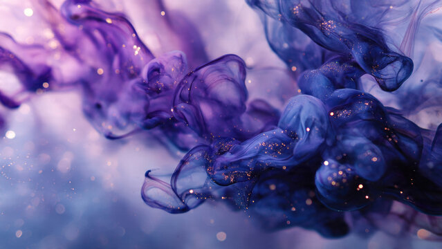 A captivating abstract blend of swirling purple and blue ink infused with shimmering golden glitter particles, creating an ethereal, cosmic, and dynamic fluid art masterpiece.