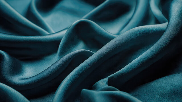 A close-up view of luxurious, flowing teal silk fabric with soft drapes and elegant folds, showcasing its smooth texture and subtle sheen.