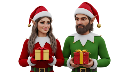 Two christmas elves holding gifts wearing santa hats and festive costumes in a holiday themed image
