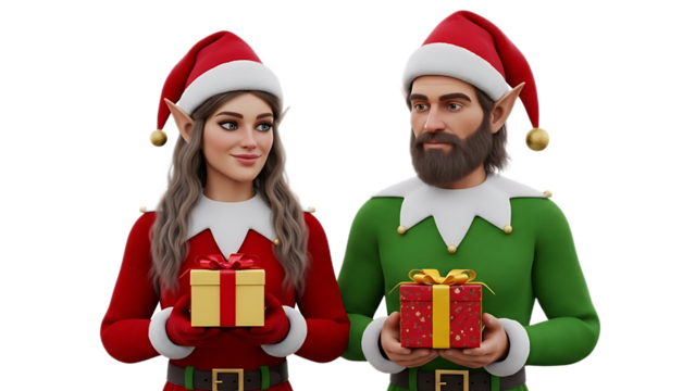 Two christmas elves holding gifts wearing santa hats and festive costumes in a holiday themed image