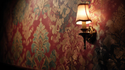A vintage wall sconce casts a warm glow on ornate red and gold damask wallpaper, creating a luxurious, classic ambiance.