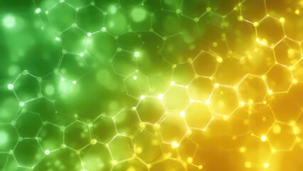 Vibrant green and yellow abstract background featuring glowing hexagonal molecular network structures with interconnected nodes, representing science, technology, and data connections.