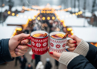 Two people with steaming mugs of mulled wine at a Christmas market, winter festival, sharing a warm moment of celebration.