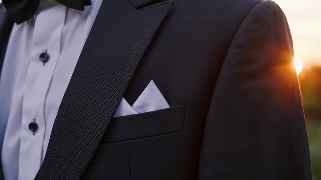 A well-dressed man in a classic black tuxedo adjusts his neatly folded white pocket square. The sharp contrast of the tuxedo fabric enhances the man's refined appearance.