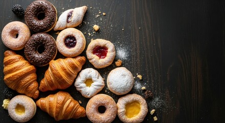 Assortment of bakery delights including croissants donuts and pastries with flaky textures and sugary glazes