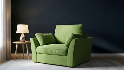 Vibrant green armchair in a modern living space creates a comforting and welcoming atmosphere with soft lighting and