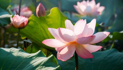 Fototapeta premium pink lotus flowers and large leaves in a tranquil water garden