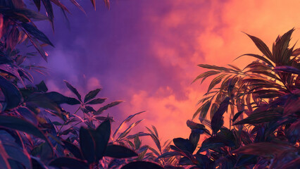 Lush tropical foliage frames a vibrant sky, blending purple and orange clouds during a captivating sunrise or sunset, a serene mystical view.