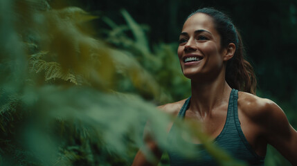 A woman in athletic wear smiles brightly while jogging through a lush, green forest, exuding joy and vitality amidst nature.