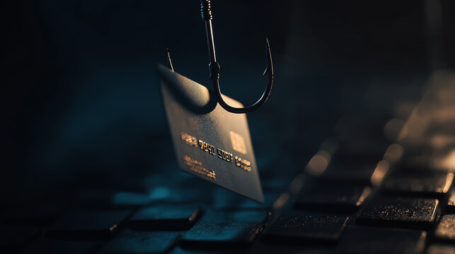 A close-up shot of a credit card suspended on a fishing hook, symbolizing online phishing scams and the dangers of digital fraud.