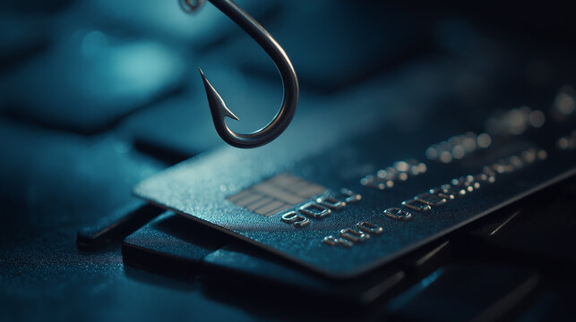 A close-up image of a fishing hook poised above a credit card, symbolizing online scams and cybersecurity threats in the digital age. - Powered by Adobe