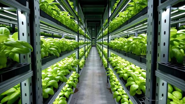 Moving through a modern vertical farm corridor with rows of fresh basil plants growing on shelves under bright led lights, illustrating sustainable urban agriculture and innovative food production