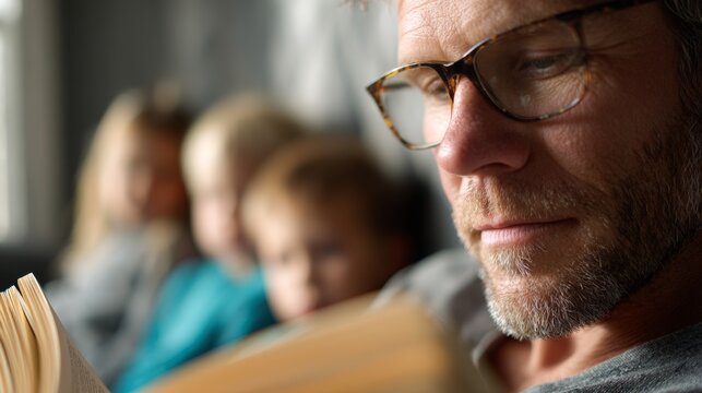Father reading book to his children, family bonding while learning together, an educational moment fostering concentration and quiet time at home