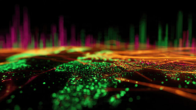 Vibrant abstract digital landscape with glowing data points, interconnected lines, and blurred bar graphs, representing complex technology and networks.