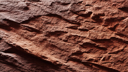 A detailed close-up of rugged, reddish-brown rock formations, revealing intricate textures, cracks, and natural layering with dramatic lighting and shadows.