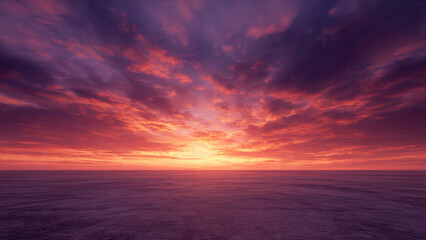 Fototapeta premium A mesmerizing sunset paints the sky with vibrant hues of red, orange, and purple over a tranquil, deep violet ocean.