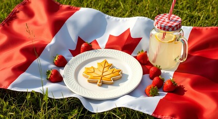 Canada Day celebration picnic with a maple leaf cookie and strawberries on a Canadian flag. Summer food and patriotic holiday concept with fresh lemonade