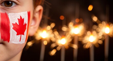 Child with Canadian flag face paint celebrating a national holiday. Close-up portrait with sparklers in the background. Patriotic Canada Day celebration concept
