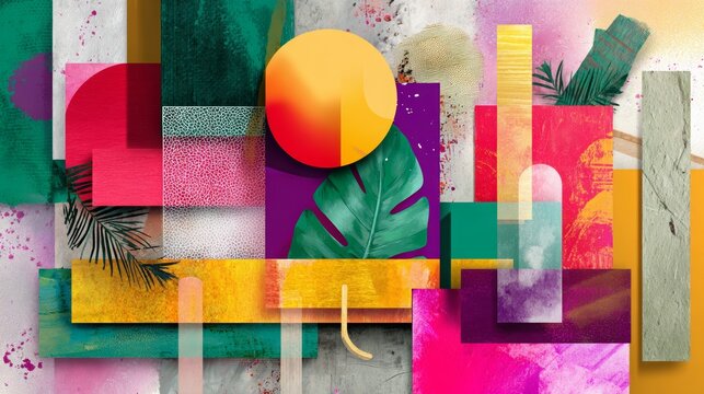 Colorful geometric collage art background creating a vibrant abstract pattern with tropical leaf elements, an orange circle, and diverse textures for modern design