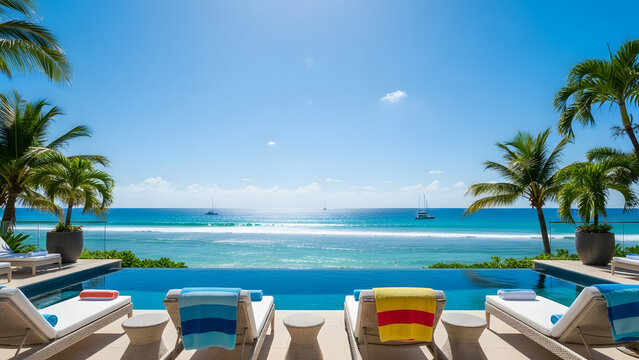 Spectacular oceanfront property with infinity pool and palm trees offers ultimate relaxation and serenity on tropical