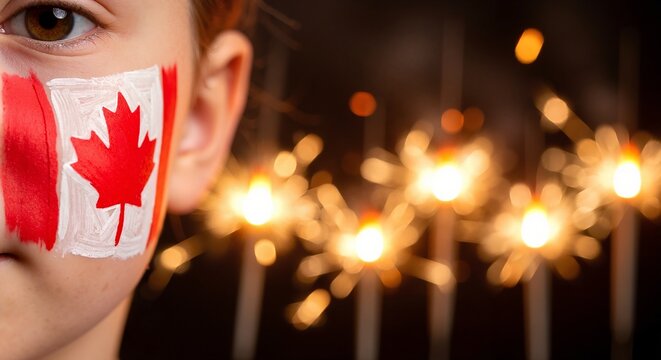 Child with Canadian flag face paint celebrating a national holiday. Close-up portrait with sparklers in the background. Patriotic Canada Day celebration concept - Powered by Adobe
