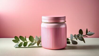 pink striped jar with lid and eucalyptus branch