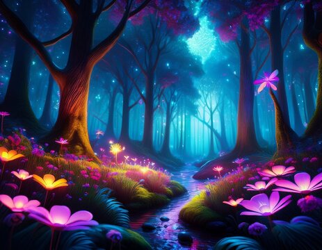 neon fairy tale forest with luminous flowers fantasy nigt wonderland