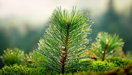 a small pine tree with green needles and water droplets on it