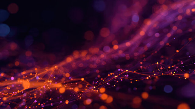 Dynamic abstract digital network featuring glowing orange and purple interconnected nodes and lines, illustrating data flow, technology, and modern connectivity.