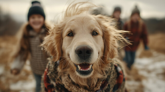 A joyful golden retriever runs toward the camera, surrounded by playful kids in winter attire, capturing the spirit of fun and adventure.