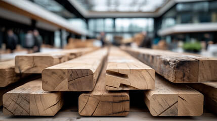 A close-up view of various wooden planks stacked together, showcasing their natural texture and grains, with a modern indoor setting blurred in the background.