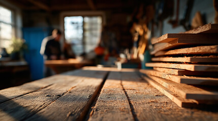 A sunlit woodworking shop with stacked lumber and a blurred craftsman in the background highlights the beauty of craftsmanship in progress.