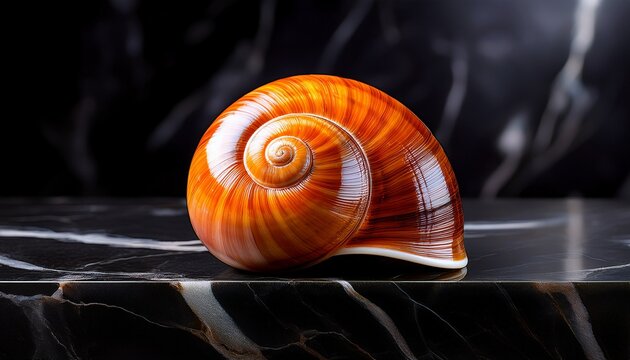 a single orange snail shell rests on a black marble base - Powered by Adobe