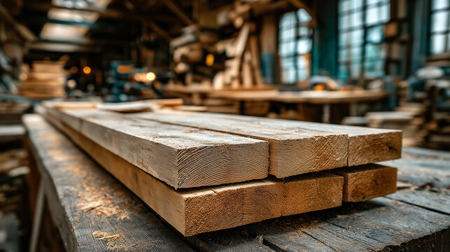 A close-up of freshly cut wooden planks on a rustic workbench, showcasing the rich grain and texture, with blurred workshop ambiance in the background.
