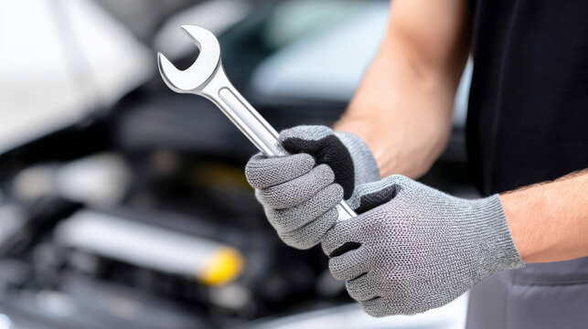 Man wearing gray gloves holds a wrench in a garage, preparing to work on a vehicle, showcasing automotive repair skills and dedication to craftsmanship
