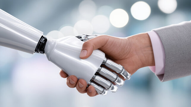 Human hand shaking with robotic hand in a modern office environment, symbolizing collaboration between technology and humanity, showcasing innovation and partnership in the future