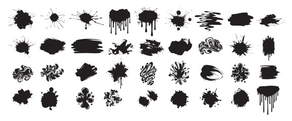 Collection of diverse ink splatter shapes with drips smudges strokes and abstract paint textures in bold black silhouettes Concept of creativity chaos expression