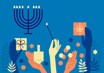 Hanukkah. Holiday banner with cute children celebrating Hanukkah