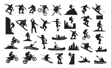 Dynamic extreme sport silhouettes featuring skateboarding skiing cycling climbing kayaking and outdoor adventure activities Concept of action energy freedom