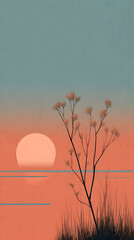 Minimalist Sunset Landscape with Silhouetted Plant